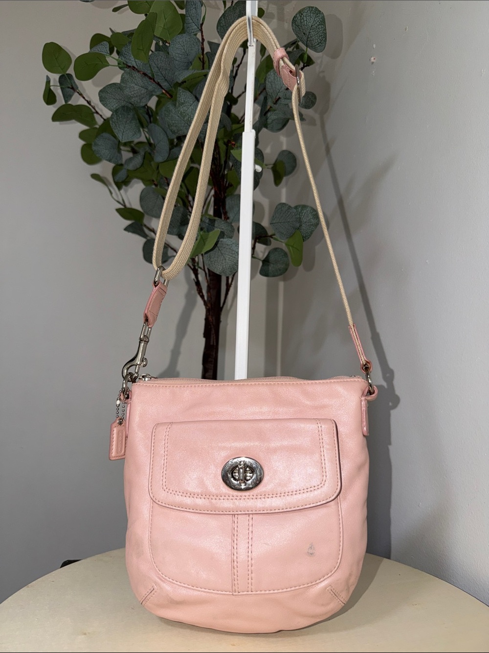 Coach Legacy Pink Leather Crossbody Bag with Turnlock Pocket